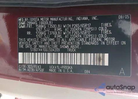 2006 Toyota Tundra Sr5 V8 z USA, uszkodzony, nr VIN 5TBDT44106S504209